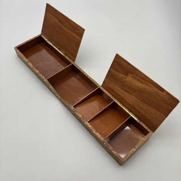 Vintage Il Papiro Firenze Marbled Peacock Paper Woodblock Desk Organizer